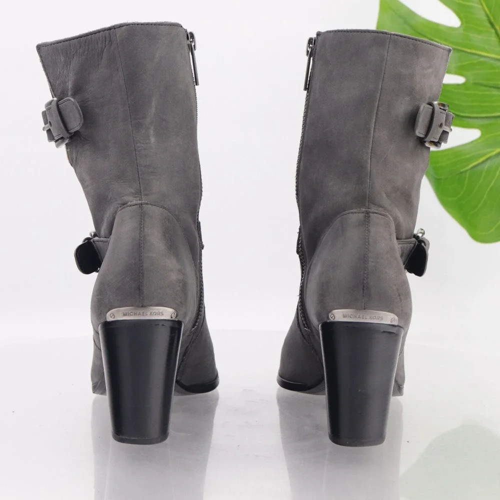 Michael Kors Womens Ashton Boots Size 7.5 Gray Leather Block Heel Bootie Buckles